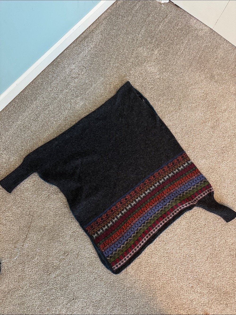 Women’s Alpaca Poncho Sweater with Multicolor Fair Isle Hem and sleeves